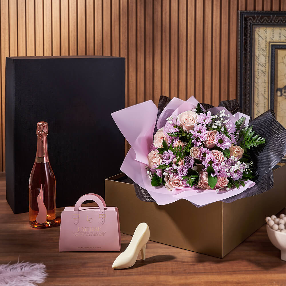 Champagne &amp; Mixed Rose Gift Set, sparkling wine gift, sparkling wine, rose gift, rose, flower gift, flowers, floral gift basket, floral gift, Maine delivery