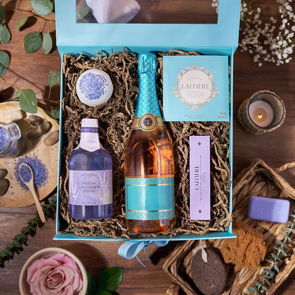 Deluxe Sparkling Wine Gift with Gourmet Chocolates and Lavender Bath Set – gift basket with bottle of sparkling wine, evergarden fresh lavender