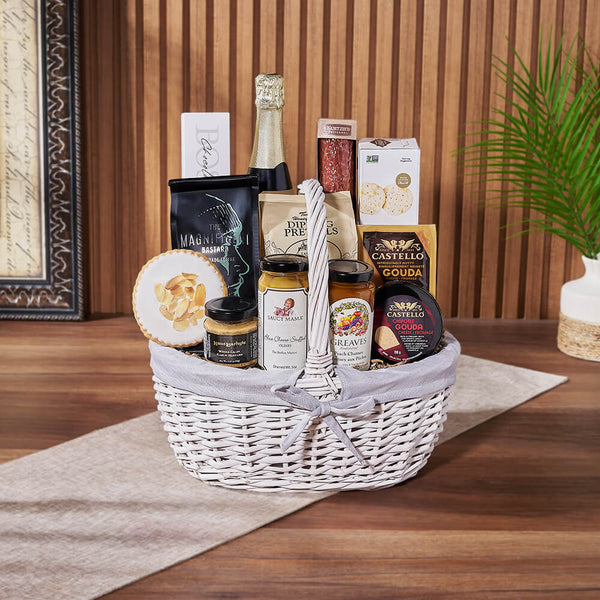 Cheese and Chutney Wine Gift Basket – gift basket with bottle of sparkling wine, kurtzie's artisanal merlot salami and capeachio's peppercorn & poppy