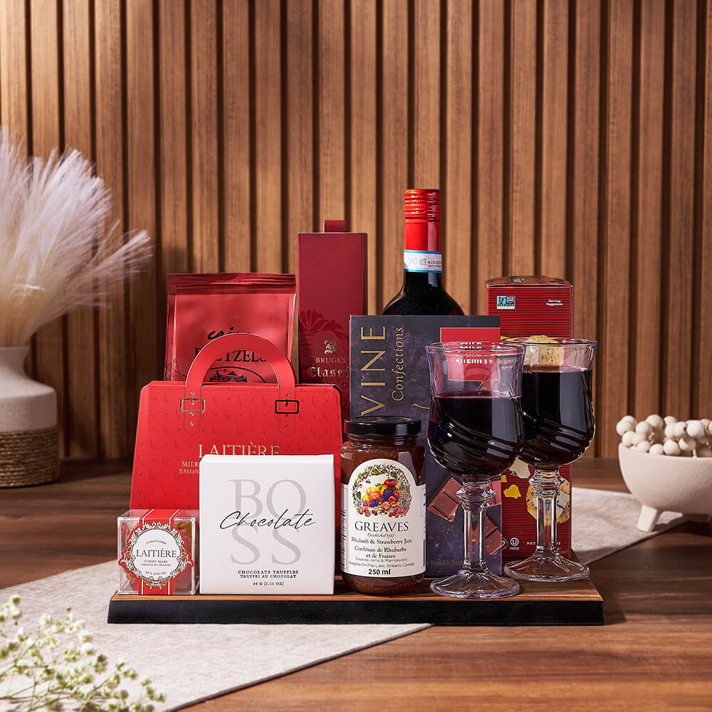 Wine and Chocolate Pretzel Basket – how the gift is presented