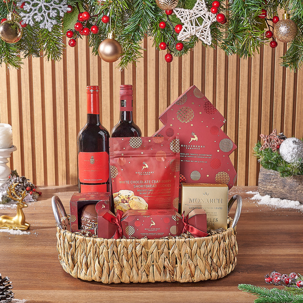 Wine Gift Basket with Festive Chocolates – how the gift is presented