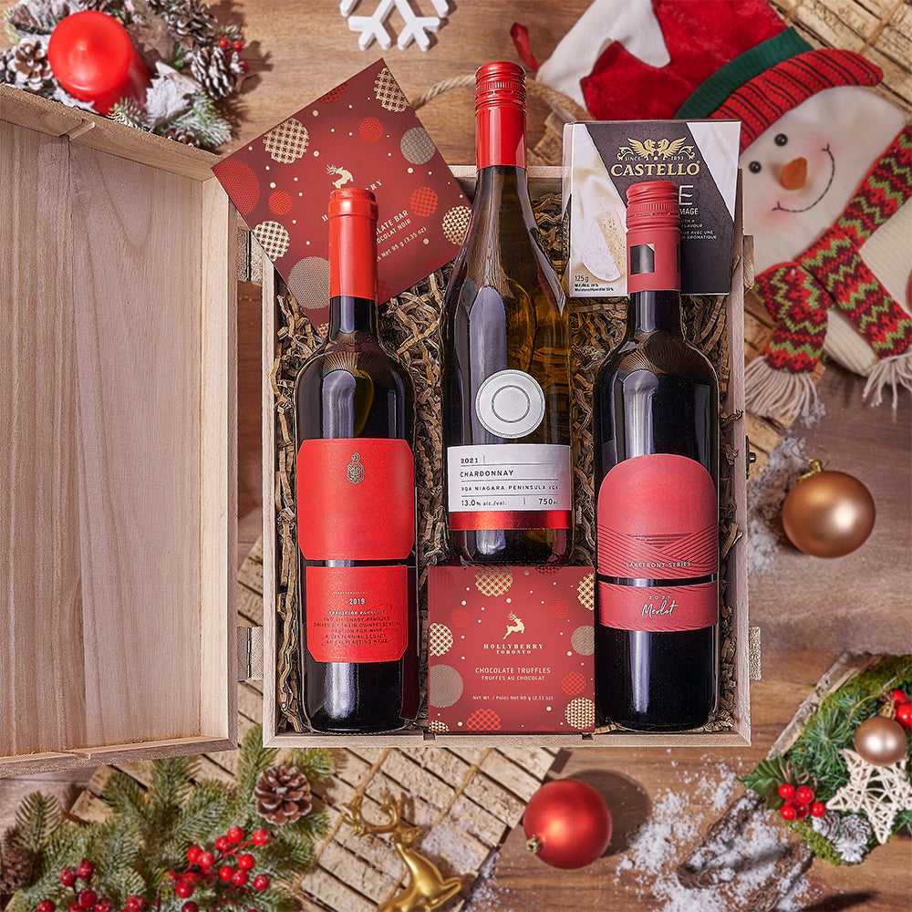 Holiday Wine and Brie Gift Box – how the gift is presented
