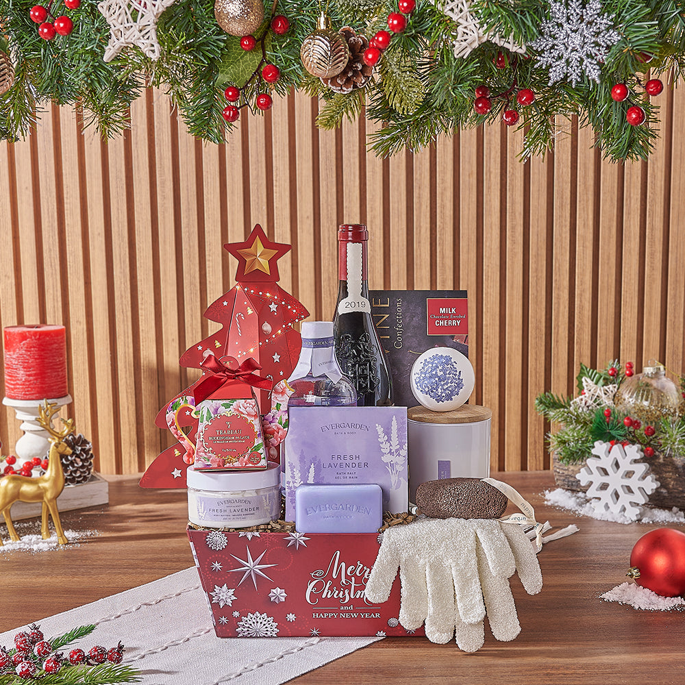 Christmas Wine &amp; Spa Gift Set, wine gift, wine, spa gift, spa, chocolate gift, chocolate, tea gift, tea, Maine delivery