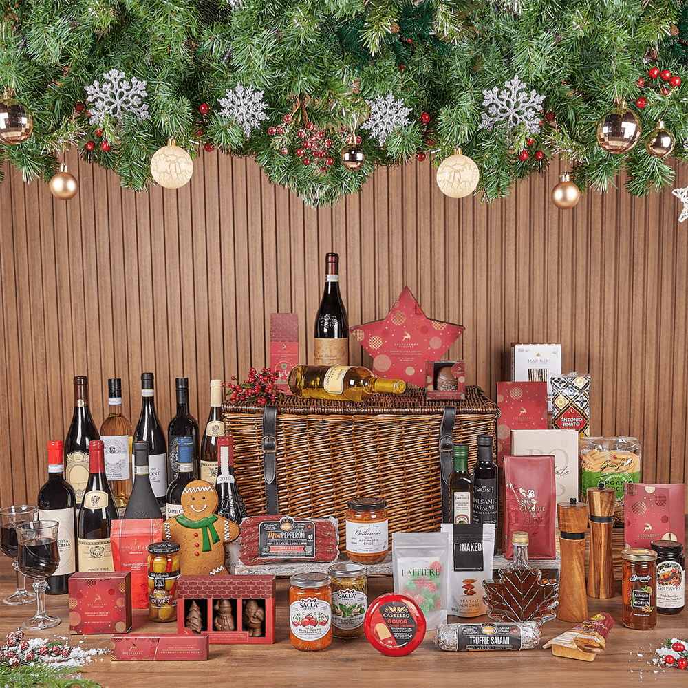 Christmas Wine & Treat Extravaganza Basket, christmas gift, christmas, wine gift, wine, chocolate gift, chocolate, Maine delivery