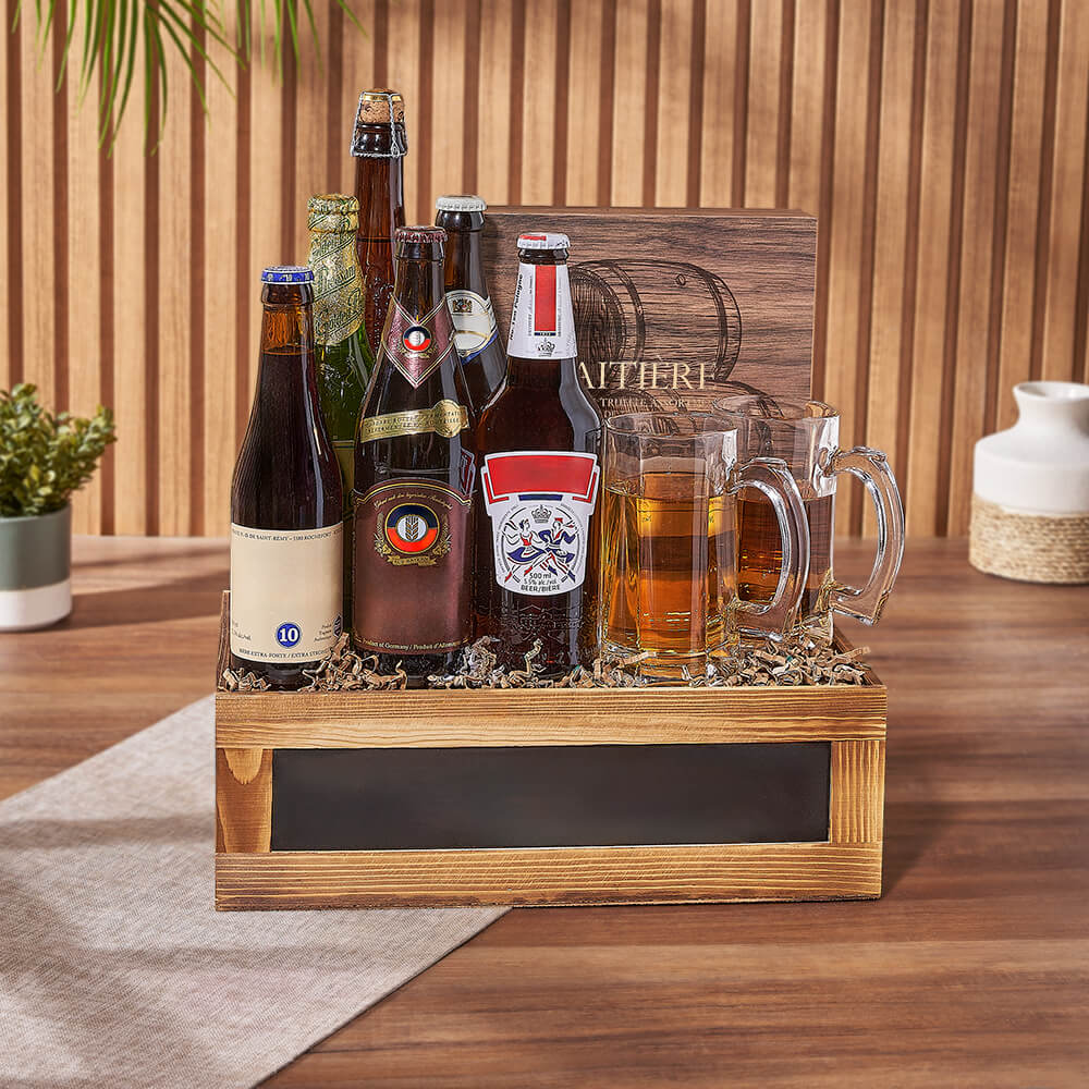 Wooden Box Gift Set Featuring 6 Bottles of Specialty Beer and Chocolate Truffles – how the gift is presented