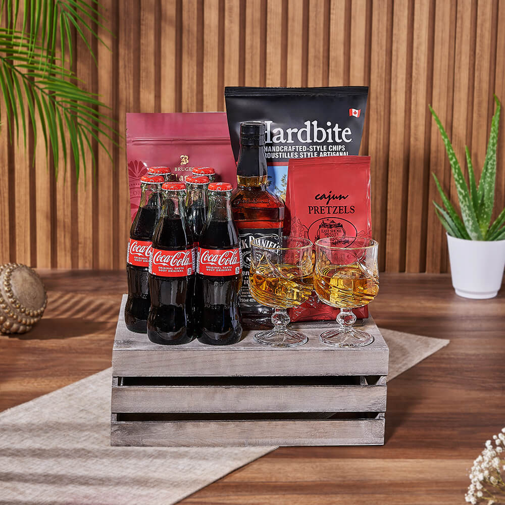 Coke &amp; Snacks Liquor Gift Crate from Maine Baskets - Liquor Gift Set - Maine Delivery