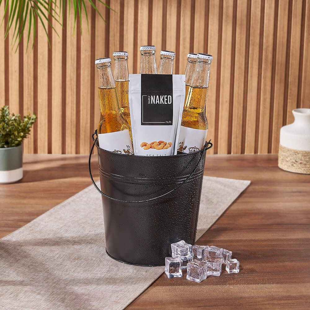 Black Metal Bucket Beer Gift with Corona and Gourmet Cashews – how the gift is presented