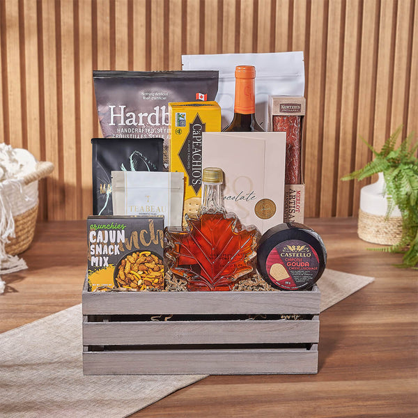 Wine Snack Crate – gift basket with bottle of wine, boss white chocolate caramel pretzel popcorn with pecans and hardbite apple cider vinegar chips
