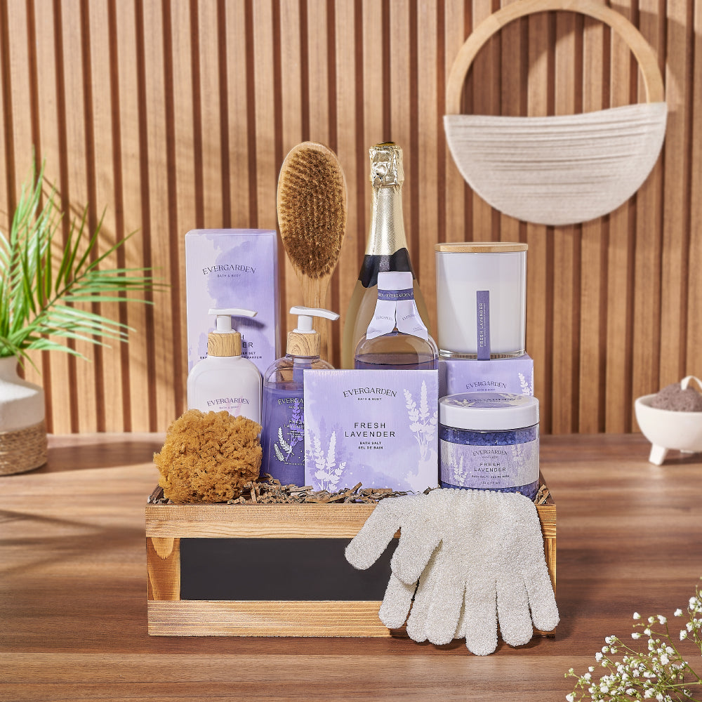 Deluxe Lavender &amp; Champagne Spa Gift Set from Maine Baskets - Champagne Gift Basket - Maine Delivery