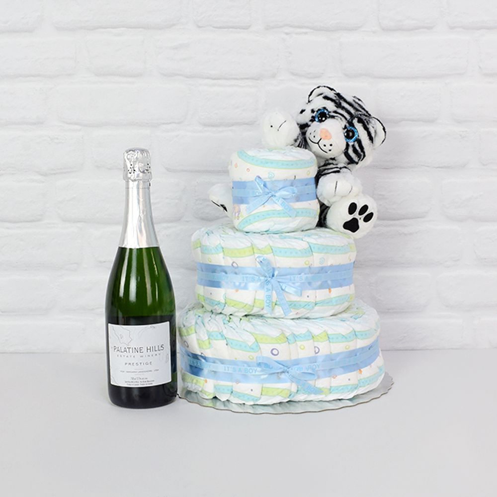 Diapers &amp; Plush Tiger Champagne Gift Set from Maine Baskets - Champagne Gift Basket - Maine Delivery