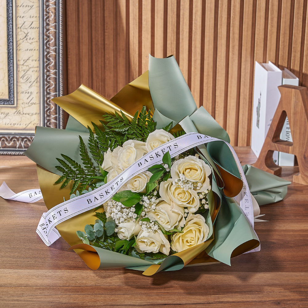 Premium White Rose and Ferns Wrapped Bouquet – how the gift is presented