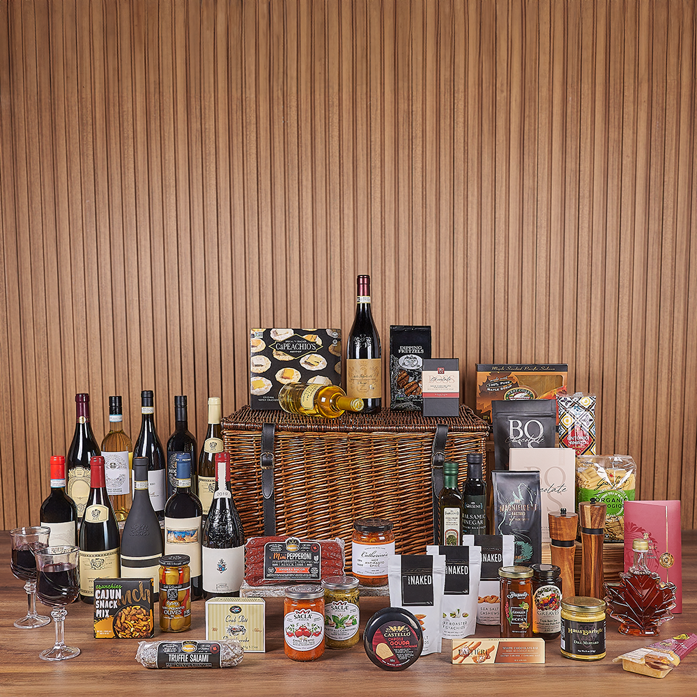 Exquisite Wine & Goodie Basket - Premium Wines, wine gift, wine, chocolate gift, chocolate, luxury gift, luxury, Maine delivery