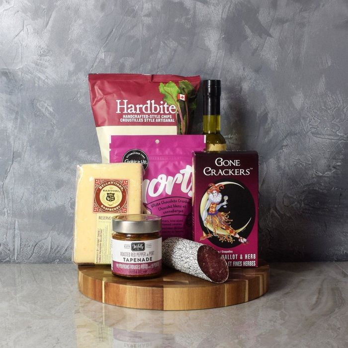 Assorted Snacks and Cutting Board Basket – how the gift is presented