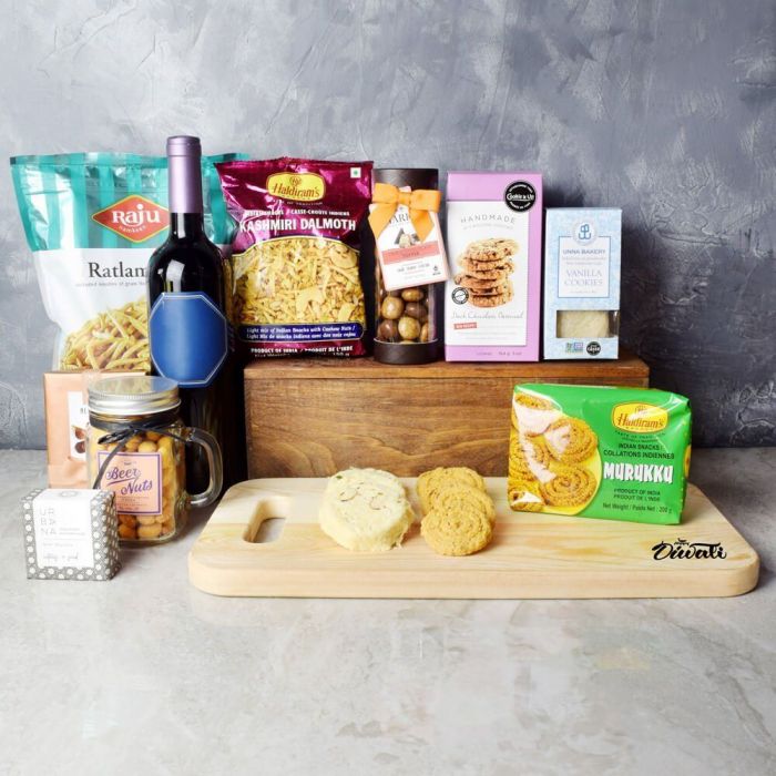 Wine and Indian Snacks Diwali Basket – how the gift is presented
