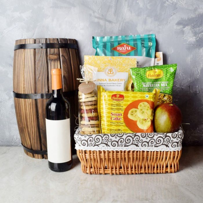 Diwali Wine and Soan Cake Basket – how the gift is presented
