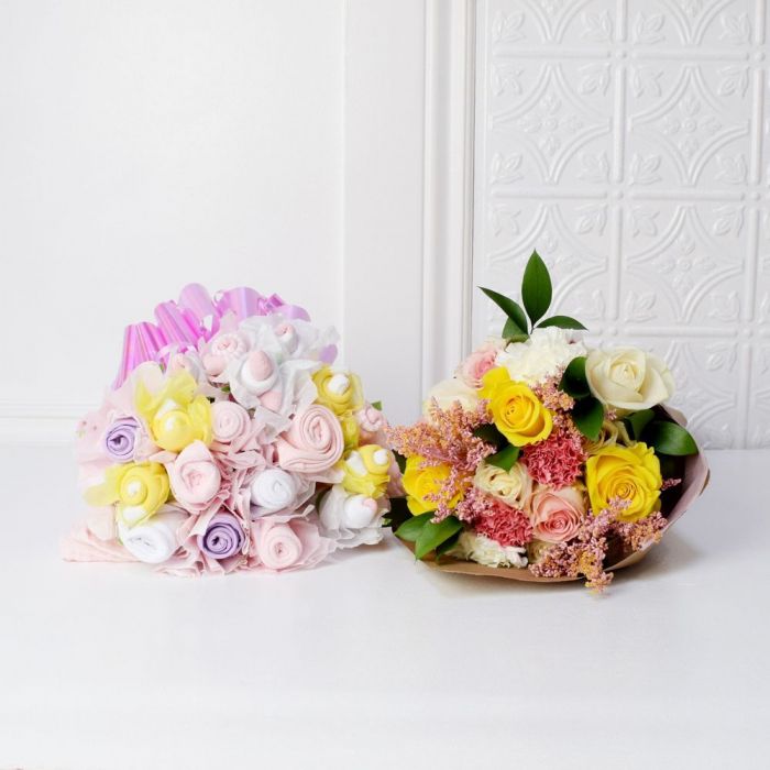 Floral &amp; Cuddly Bouquet For The Baby Girl Gift Set from Maine Baskets - Flower Gift Basket -  Maine Delivery
