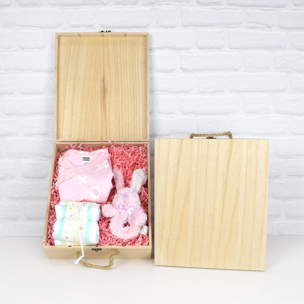 Premium Baby Girl Welcome Crate with Diapers and Cotton Outfit – how the gift is presented