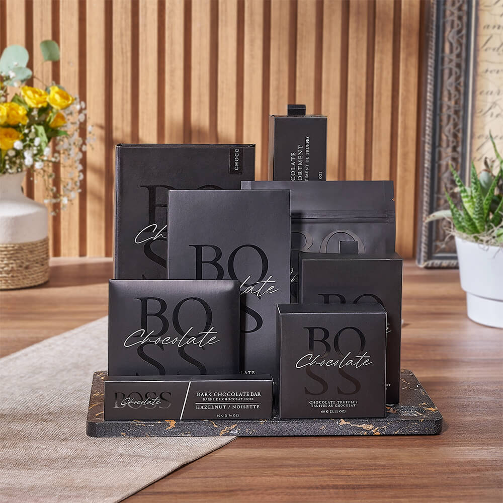 Boss Assorted Dark Chocolate Gift Basket with Marble Board – how the gift is presented