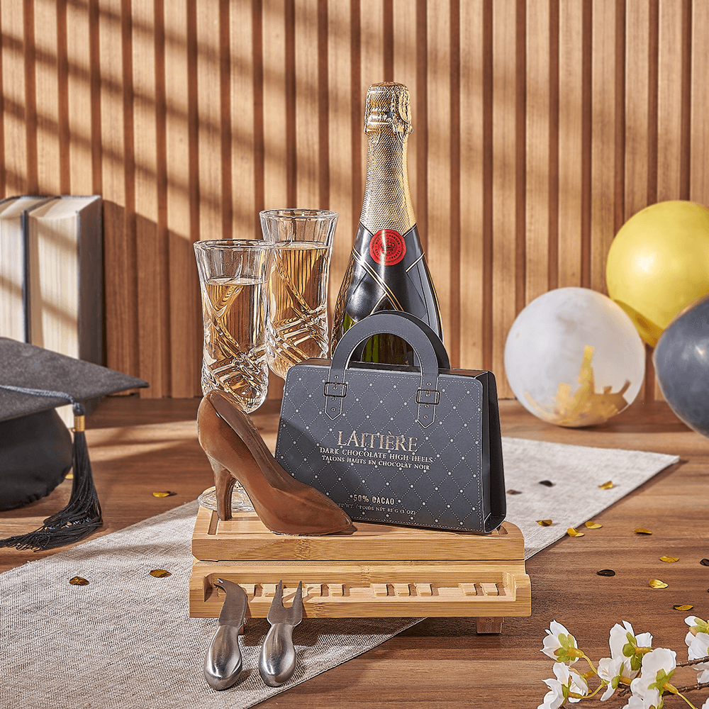 Graduating in Style Gift Set, graduation gift, graduation, chocolate gift, chocolate, champagne gift, champagne, sparkling wine gift, sparkling wine, Maine delivery