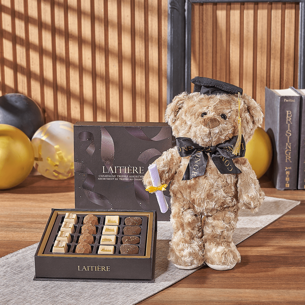 Graduation Bear & Truffle Gift, chocolate gift, chocolate, graduation gift, graduation, plush gift, plush, Maine delivery