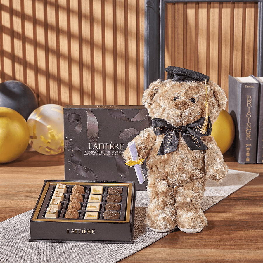 Graduation Bear & Truffle Gift, chocolate gift, chocolate, graduation gift, graduation, plush gift, plush, Maine delivery