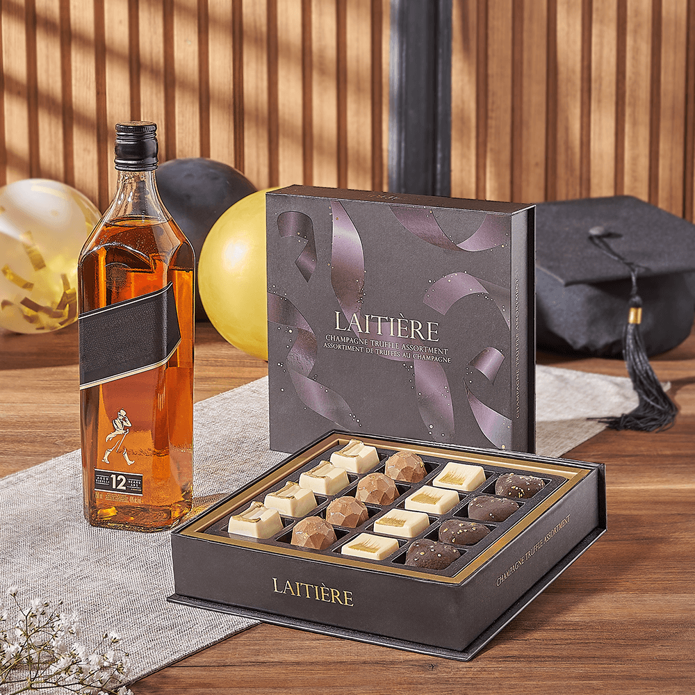 Graduation Spirits & Truffle Gift, graduation gift, graduation, liquor gift, liquor, chocolate gift, chocolate, Maine delivery