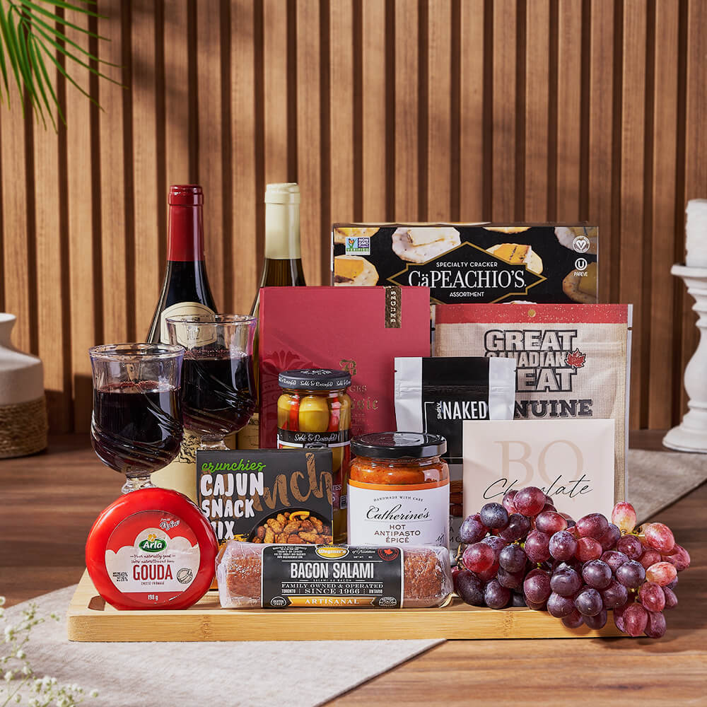 Grand Cheese &amp; Wine Gift Basket, wine gift, wine, charcuterie gift, charcuterie, cheese gift, cheese, fruit gift, fruit, Maine delivery