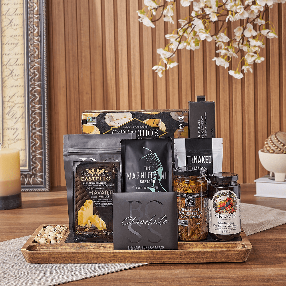 Halal Gourmet Snack Board with Cheese, Dark Chocolate, and Coffee – how the gift is presented