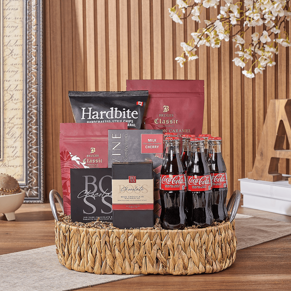 Halal Gourmet Gift Tray with Chocolates, Snacks, and Coca-Cola in Oval Basket – how the gift is presented