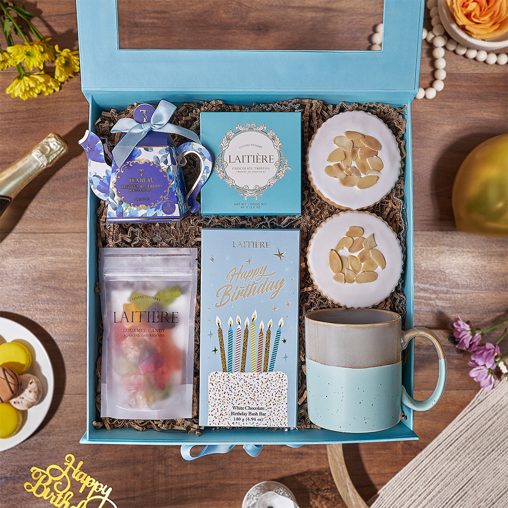 Teal Gift Box Birthday Sampler with Blueberry Tea and Sweets – how the gift is presented