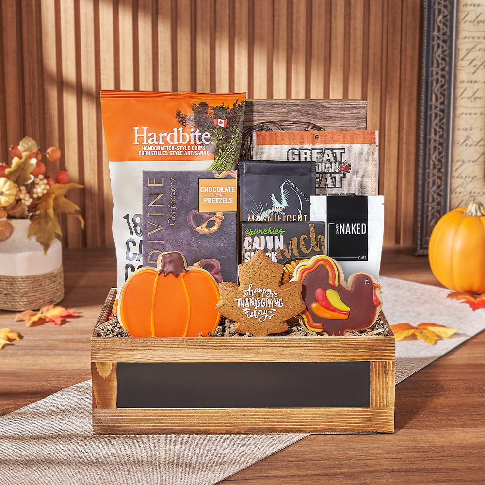 Thanksgiving Wooden Box Gourmet Gift Basket – how the gift is presented