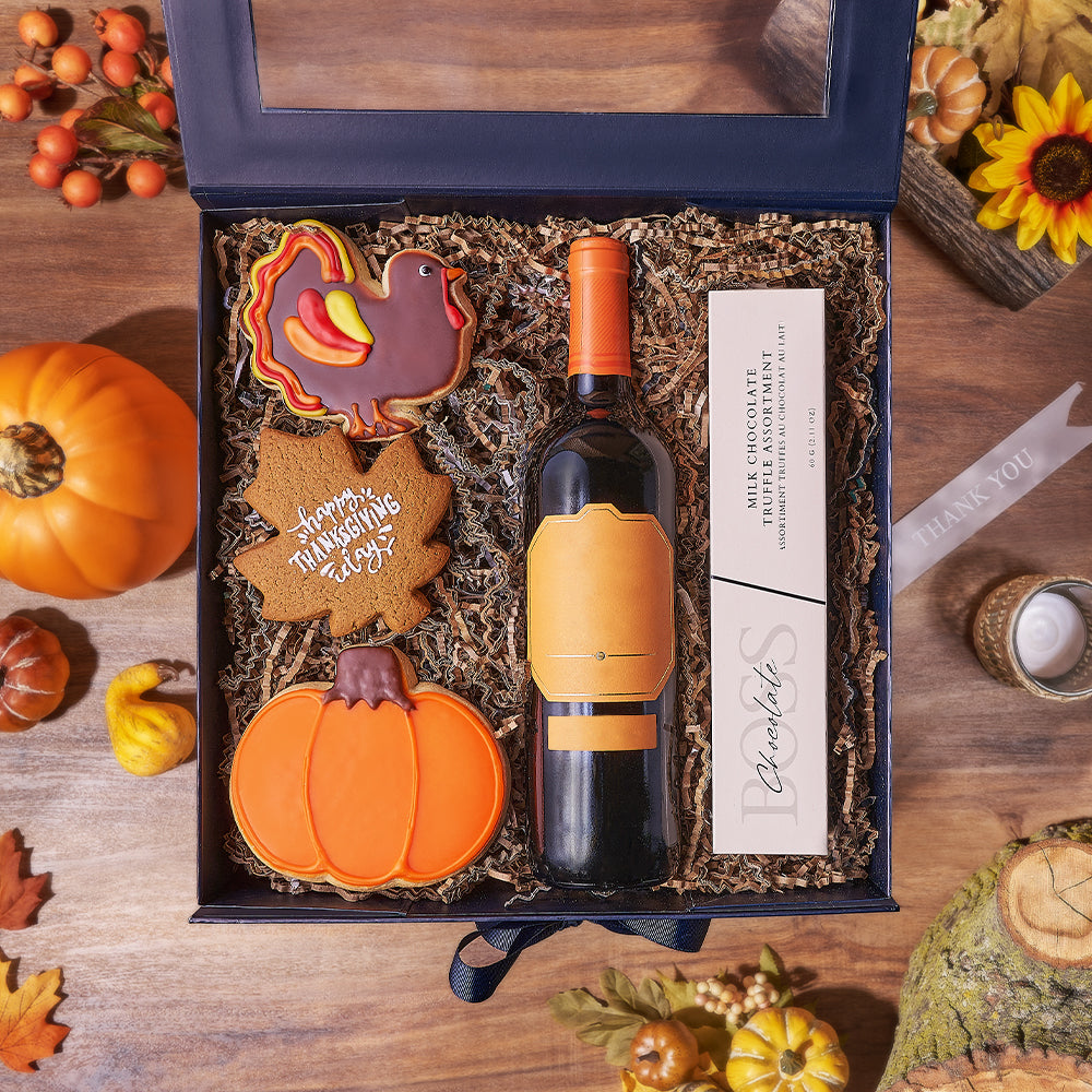 Happy Thanksgiving Wine &amp; Cookie Box, thanksgiving gift, thanksgiving, wine gift, wine, chocolate gift, chocolate, Maine delivery