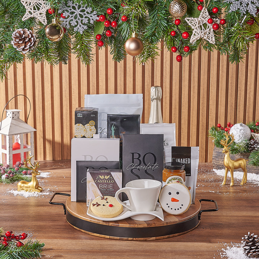 Holiday Bubbly &amp; Snowflake Snack Gift Set, christmas gift, christmas, champagne gift, champagne, chocolate gift, chocolate, coffee gift, coffee, Maine delivery
