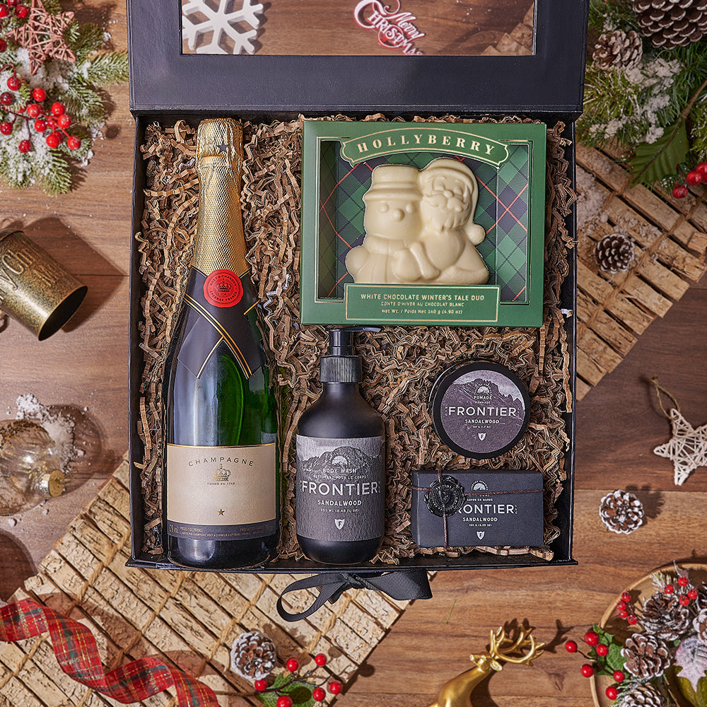 Holiday Bubbly &amp; Spa Gift Box, chocolate gift, chocolate, champagne gift, champagne, sparkling wine gift, sparkling wine, Christmas gift, Christmas, Maine delivery