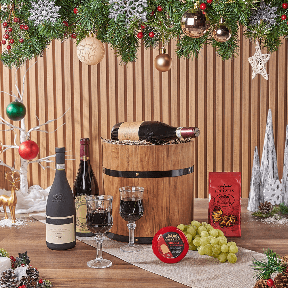 Holiday Fine Wine &amp; Cheese Barrel, wine gift, wine, cheese gift, cheese, fruit gift, fruit, christmas gift, christmas, holiday gift, holiday, Maine delivery