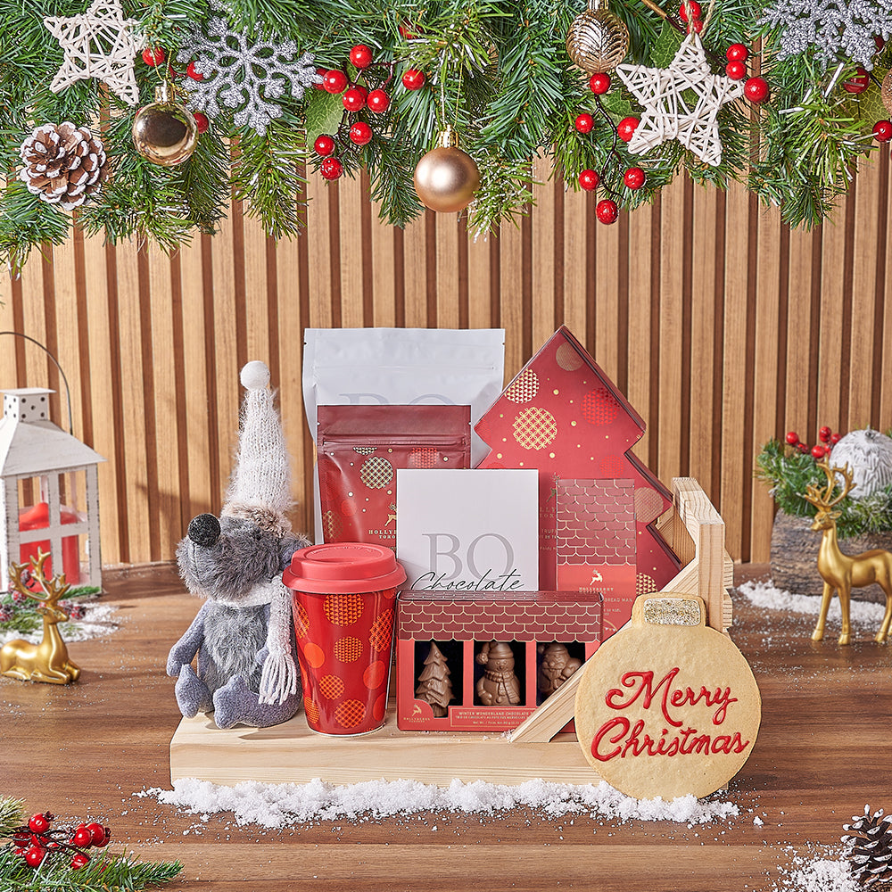 Chocolate and Holiday Cookies Gift Basket on Wooden Sled – how the gift is presented