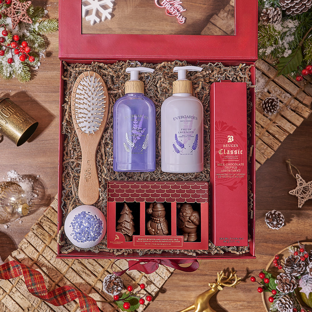 Holiday Spa &amp; Chocolate Gift Box, chocolate gift, chocolate, spa gift, spa, bath gift, bath, Maine delivery
