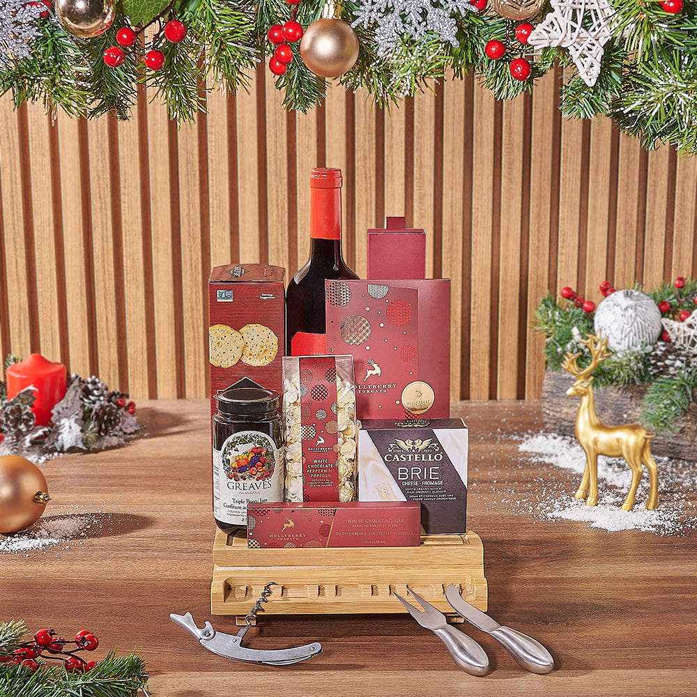 Holiday Wine &amp; Cheese Snack Basket, wine gift, wine, chocolate gift, chocolate, christmas gift, christmas, Maine delivery