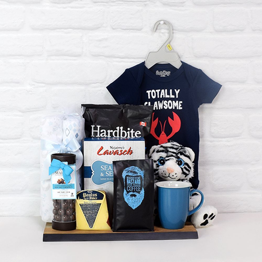 Deluxe Baby Basket Featuring Bodysuit, Swaddling Blankets, and Gourmet Snacks – how the gift is presented