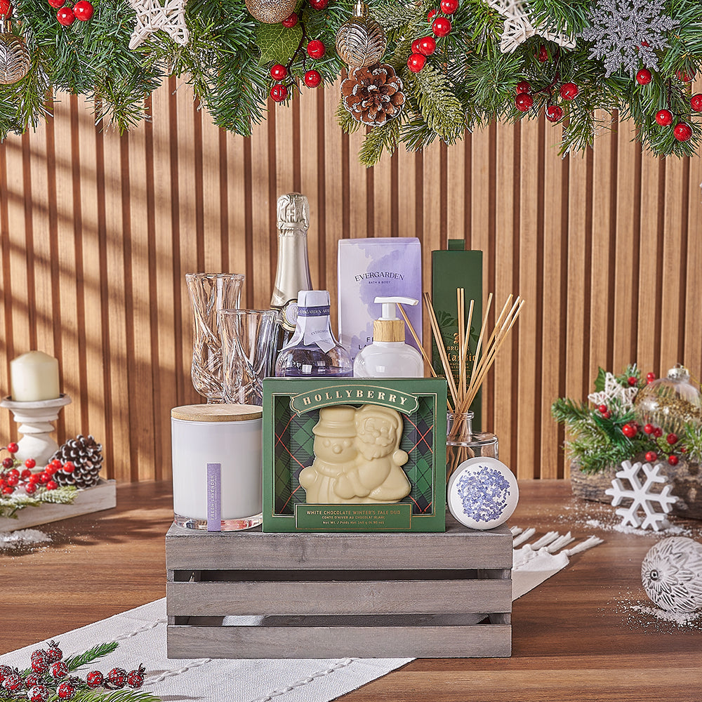 Joyful Champagne & Spa Gift Crate, Christmas gift, Christmas, champagne gift, champagne, sparkling wine gift, sparkling wine, chocolate gift, chocolate, Maine delivery