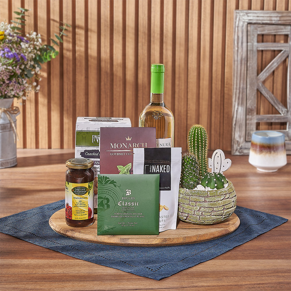 Kosher Wine &amp; Cacti Gift, kosher gift, kosher wine, plant, crackers, chocolate, nuts, jam, board, Maine Delivery