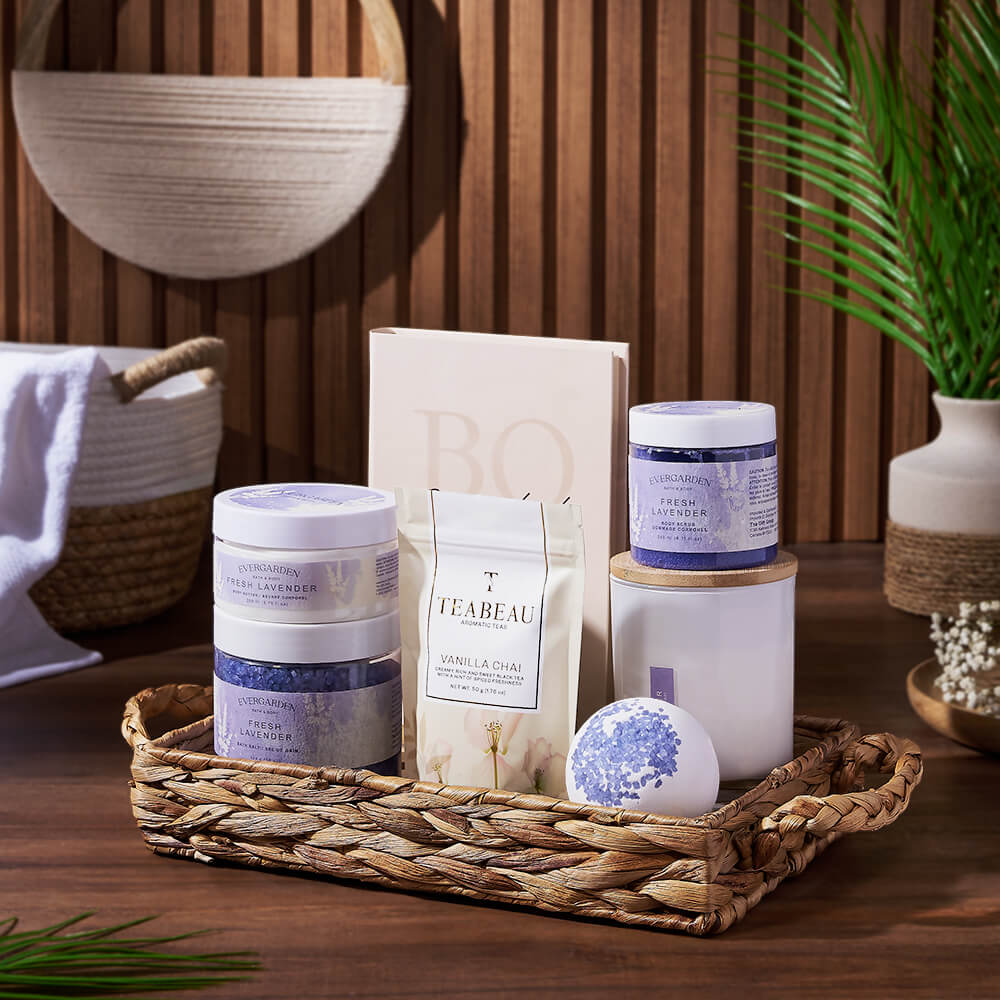 Spa Crate with Lavender, Vanilla Chai Tea, Milk Chocolate, and Bath Essentials – gift basket with fresh lavender bath salts, fresh lavender body