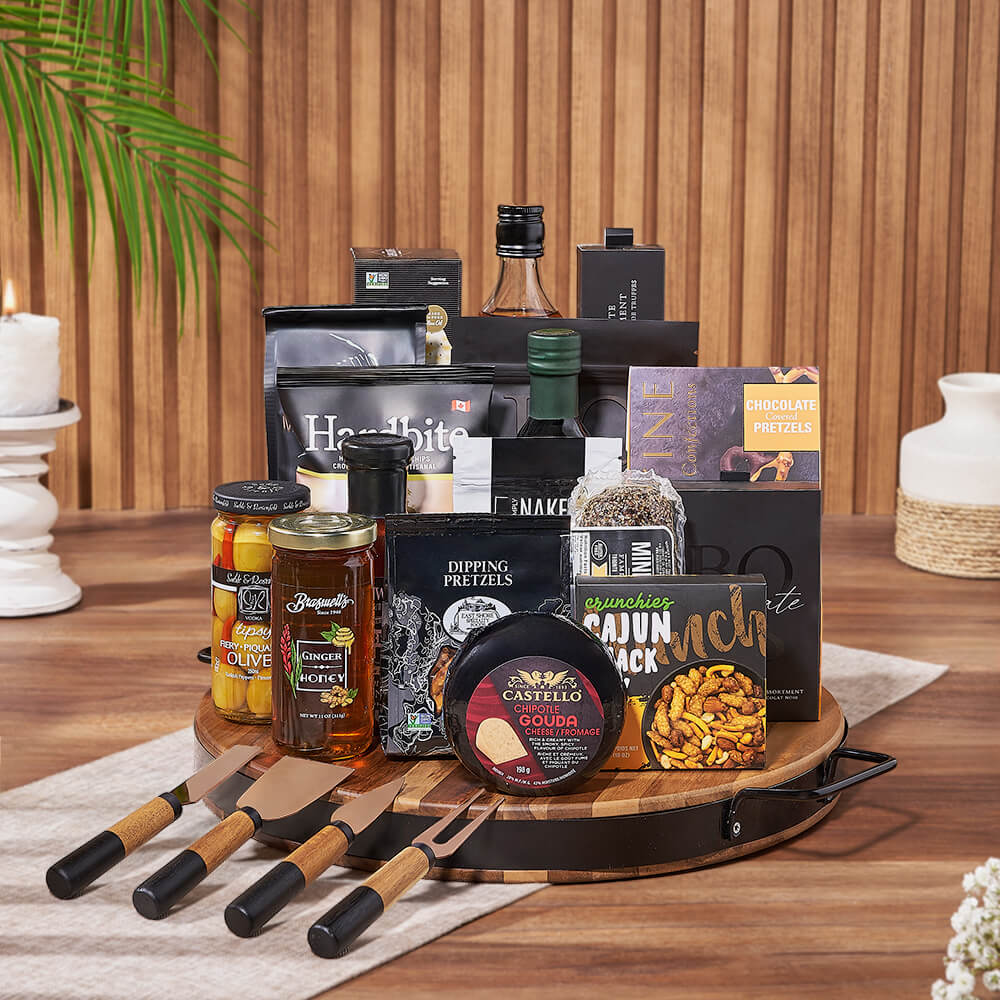 Liquor &amp; Cheese Platter Gift Set from Maine Baskets - Liquor Gift Basket - Maine Delivery