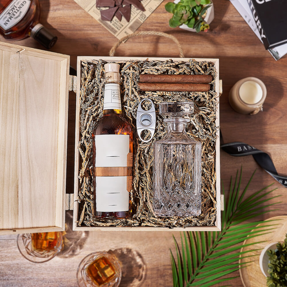 Liquor &amp; Decanter Crate from Maine Baskets - Liquor Gift Set - Maine Delivery