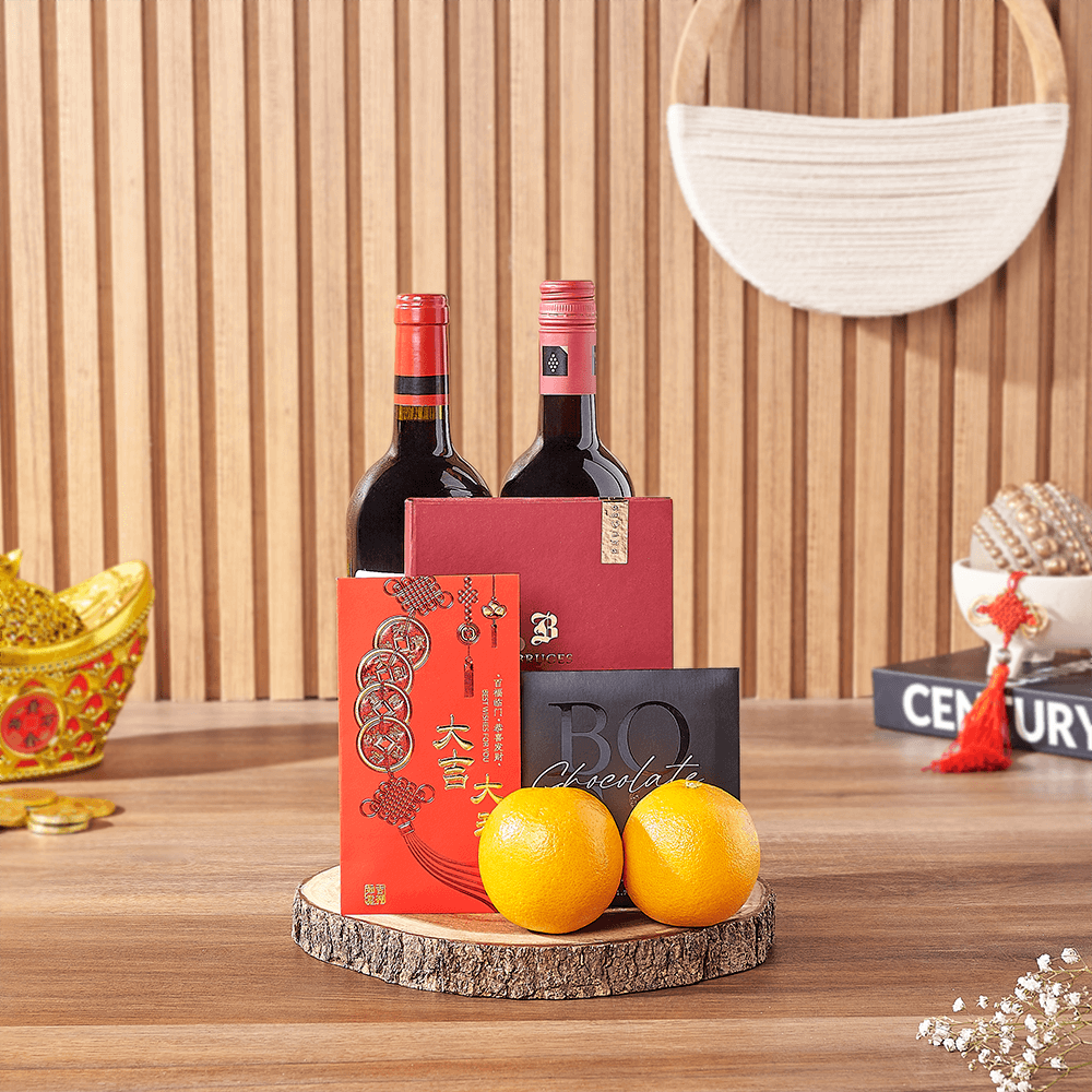 Two-Bottle Wine Gift Basket with Lunar New Year Chocolates and Oranges – how the gift is presented