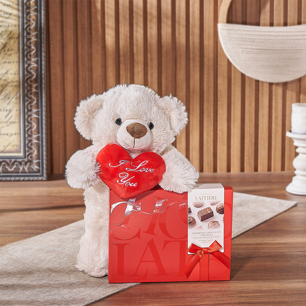 Truffle and Plush Bear Gift Basket – gift basket with i love you bear 10 inches and laitiere red assorted chocolate truffle box 120g