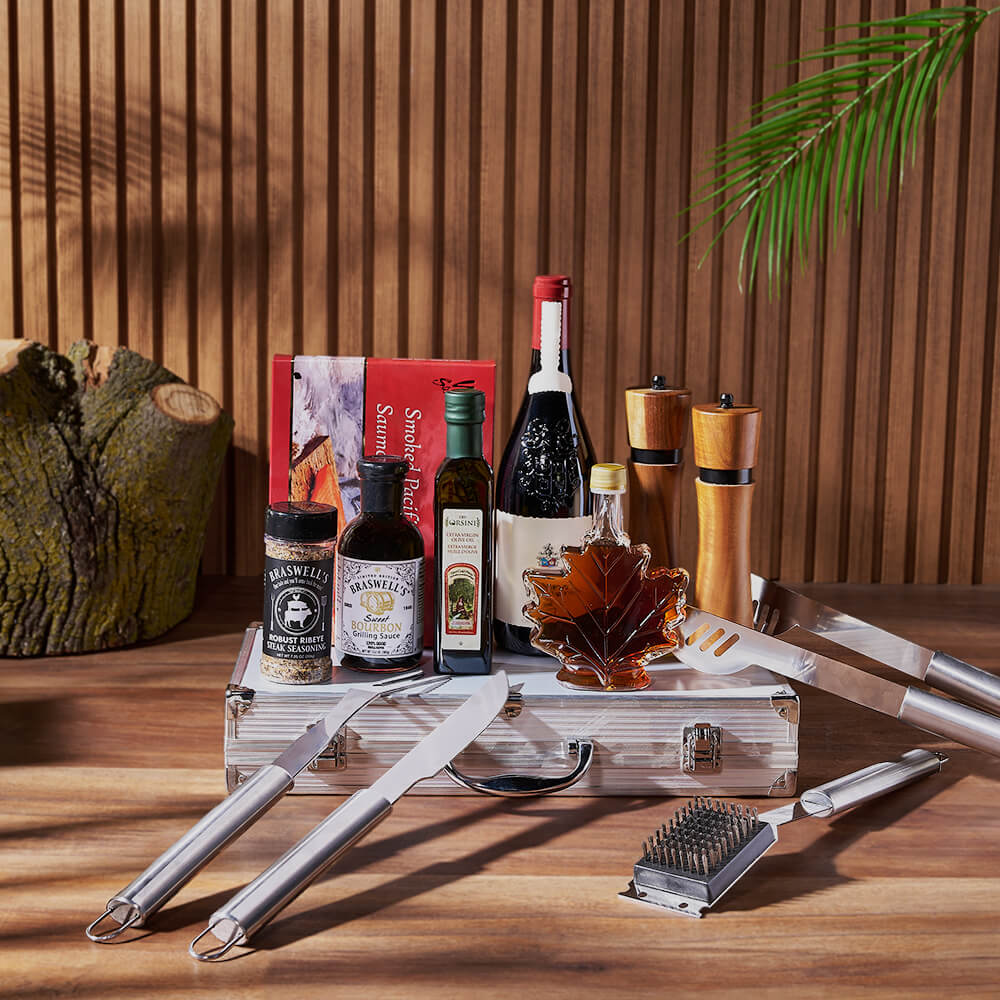 Premium Wine Basket Featuring Braswell's Steak Seasoning and Grilling Sauce – how the gift is presented