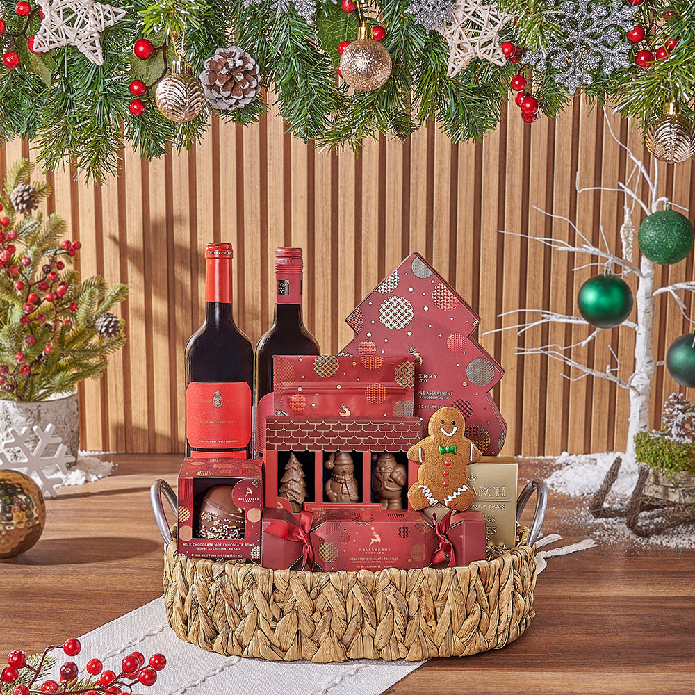 Christmas Holiday Two-Bottle Wine Gift Basket in Oval Woven Basket – how the gift is presented