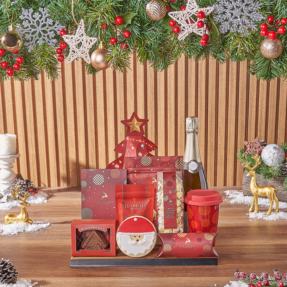 Sparkling Wine with Christmas Treats Basket – how the gift is presented