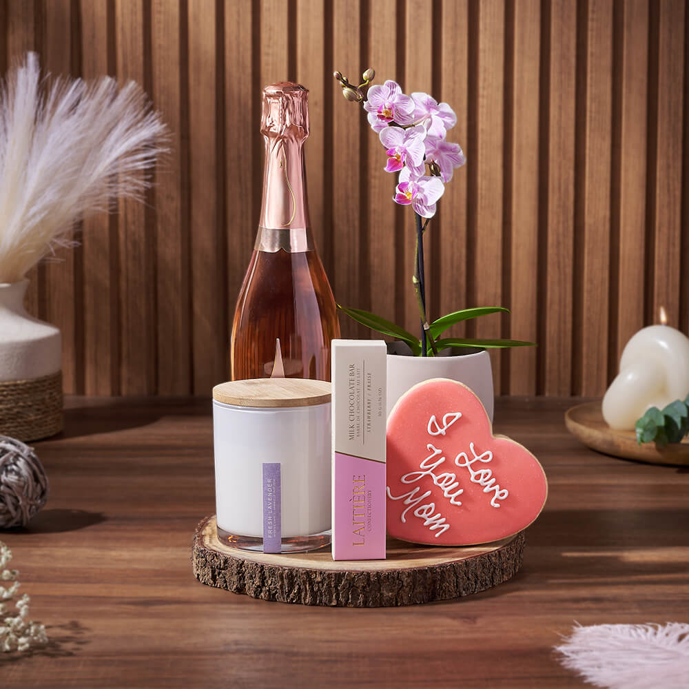 Assorted Phalaenopsis Orchid and Sparkling Wine Gift Basket for Mom – how the gift is presented